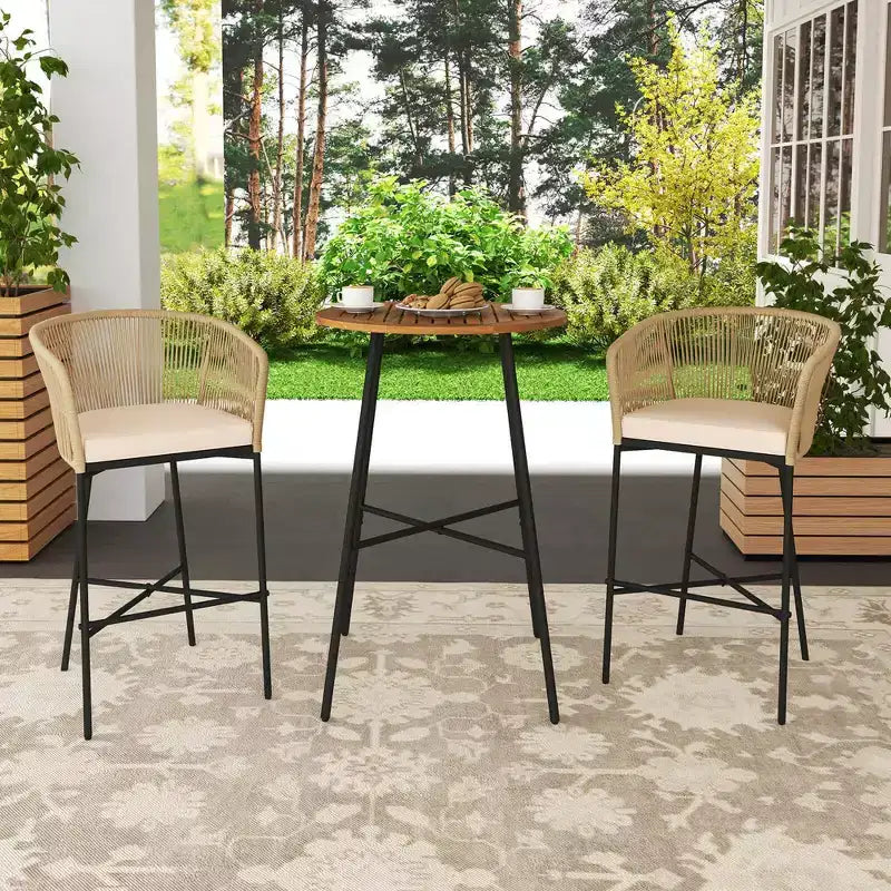 Costway Ensemble de Bar de Jardin 3 Pièces en Corde Tressée avec Coussins Moelleux et Plateau de Table en Bois d'Acacia