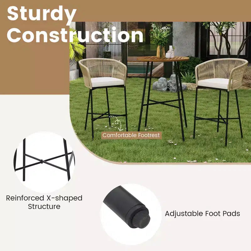 Costway Ensemble de Bar de Jardin 3 Pièces en Corde Tressée avec Coussins Moelleux et Plateau de Table en Bois d'Acacia