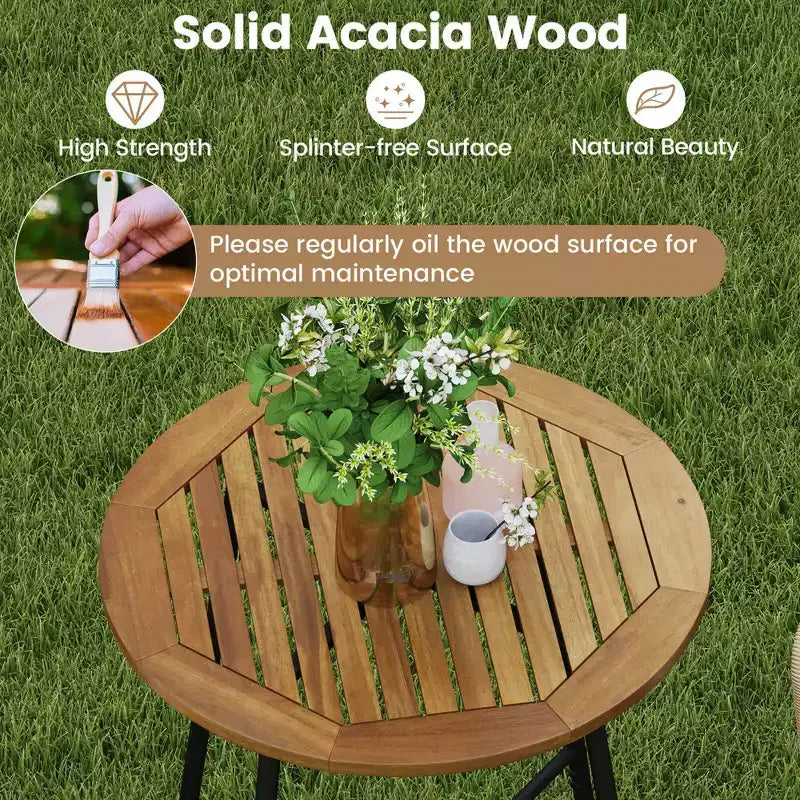 Costway Ensemble de Bar de Jardin 3 Pièces en Corde Tressée avec Coussins Moelleux et Plateau de Table en Bois d'Acacia