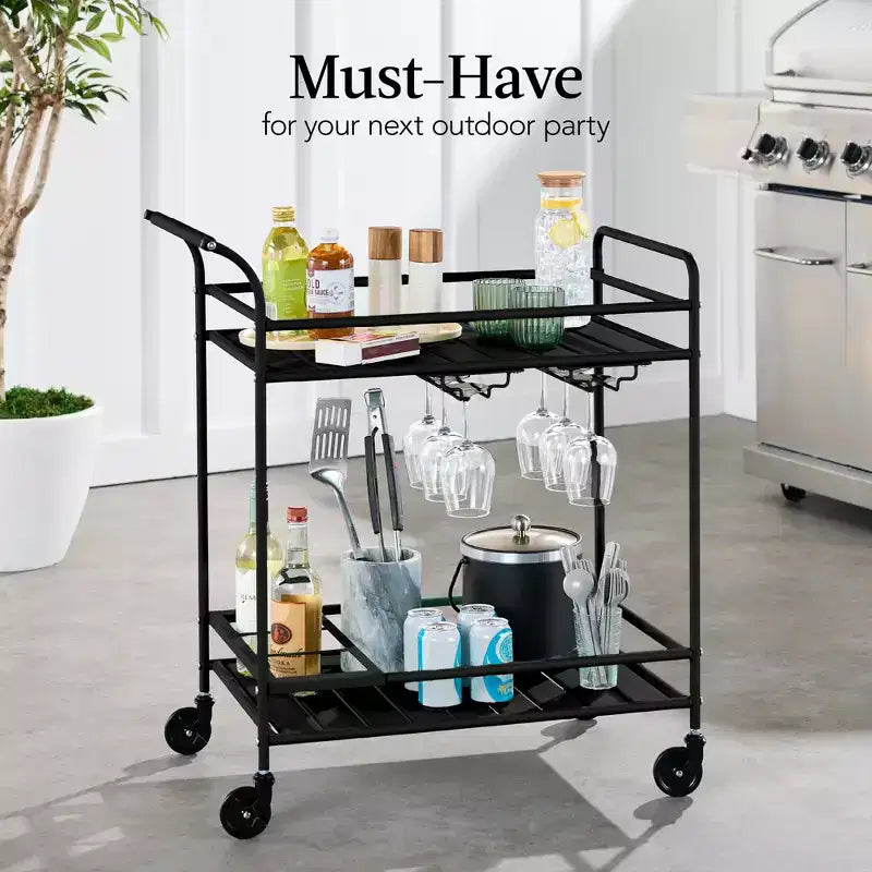 Chariot de bar roulant 2 niveaux Best Choice Products intérieur/extérieur avec étagères de rangement, casier à vin, roues verrouillables
