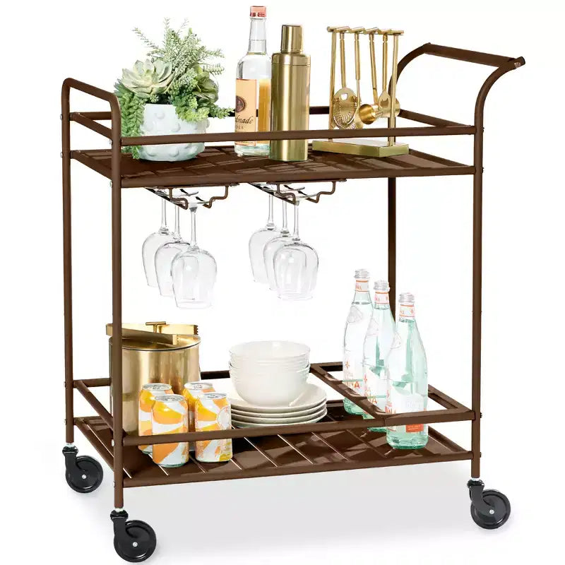 Chariot de bar roulant 2 niveaux Best Choice Products intérieur/extérieur avec étagères de rangement, casier à vin, roues verrouillables