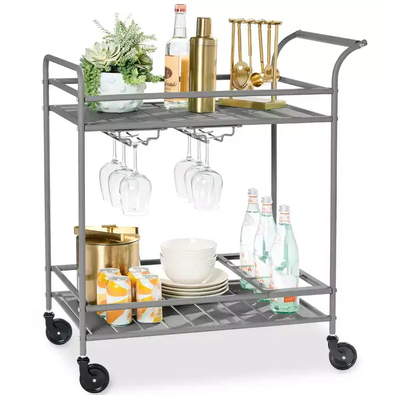 Chariot de bar roulant 2 niveaux Best Choice Products intérieur/extérieur avec étagères de rangement, casier à vin, roues verrouillables