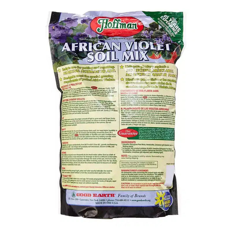 Mélange de terreau Hoffman biologique pour violettes africaines favorisant des cycles de floraison longs et une croissance accrue des plantes, 4 pintes