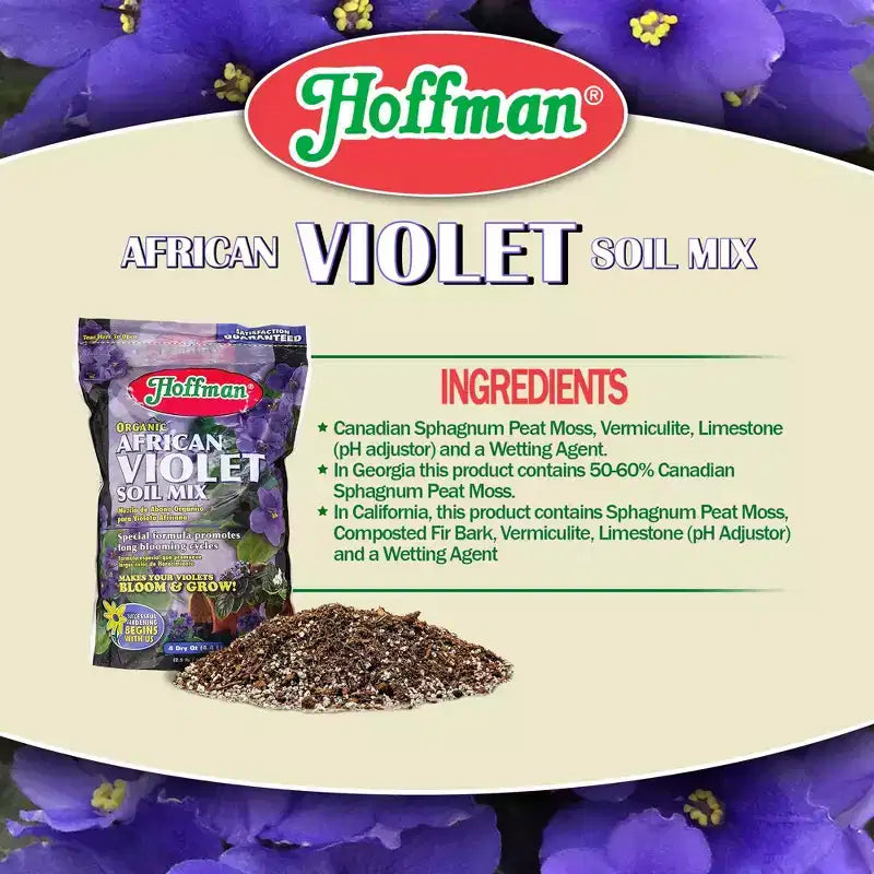 Mélange de terreau Hoffman biologique pour violettes africaines favorisant des cycles de floraison longs et une croissance accrue des plantes, 4 pintes