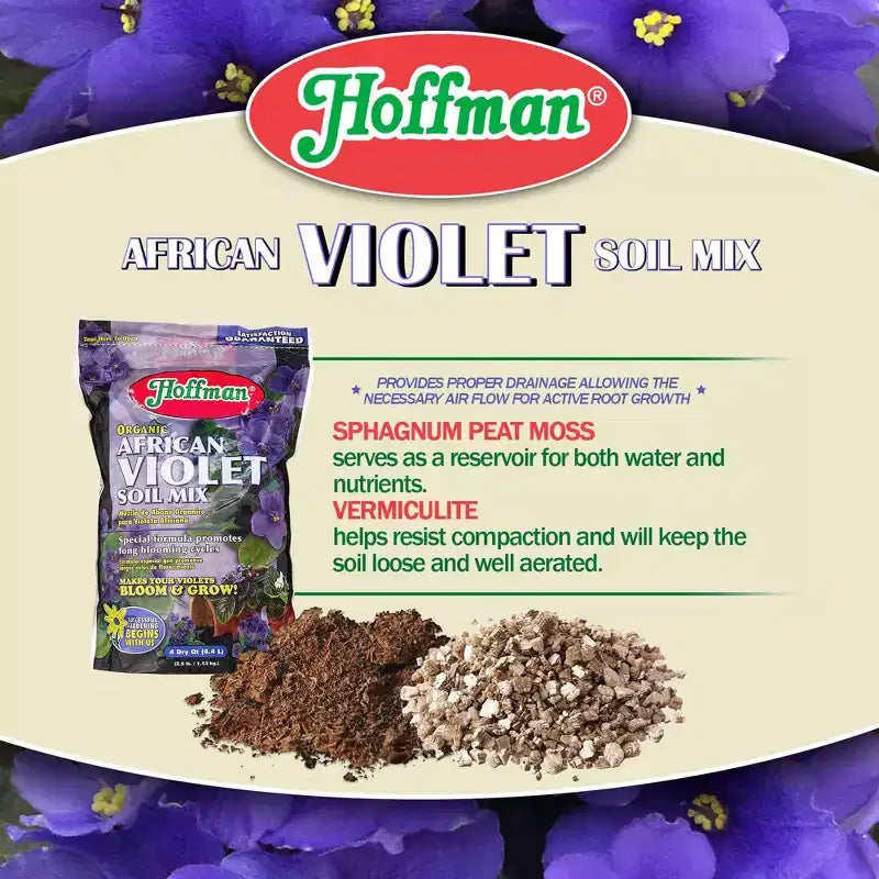 Mélange de terreau Hoffman biologique pour violettes africaines favorisant des cycles de floraison longs et une croissance accrue des plantes, 4 pintes