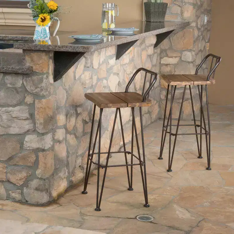 GDFStudio Tabourets de bar industriels d'extérieur en bois d'acacia 76 cm (lot de 2), teck