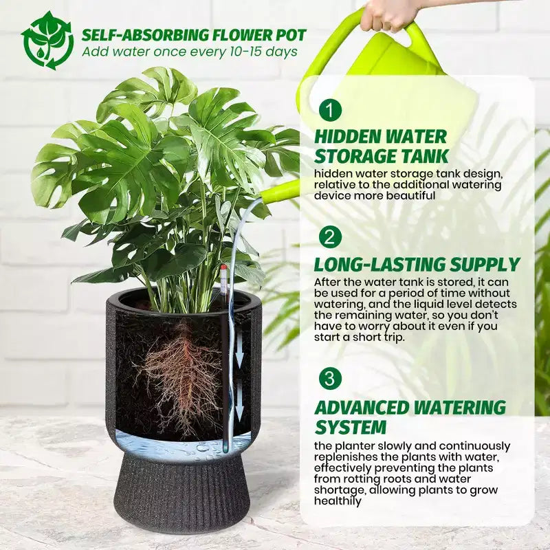 Lot de 2 jardinières hautes de 36 cm, pots de fleurs modernes, pots auto-arrosants avec indicateur de niveau d'eau, pour patio, porche, salon, bureau à domicile