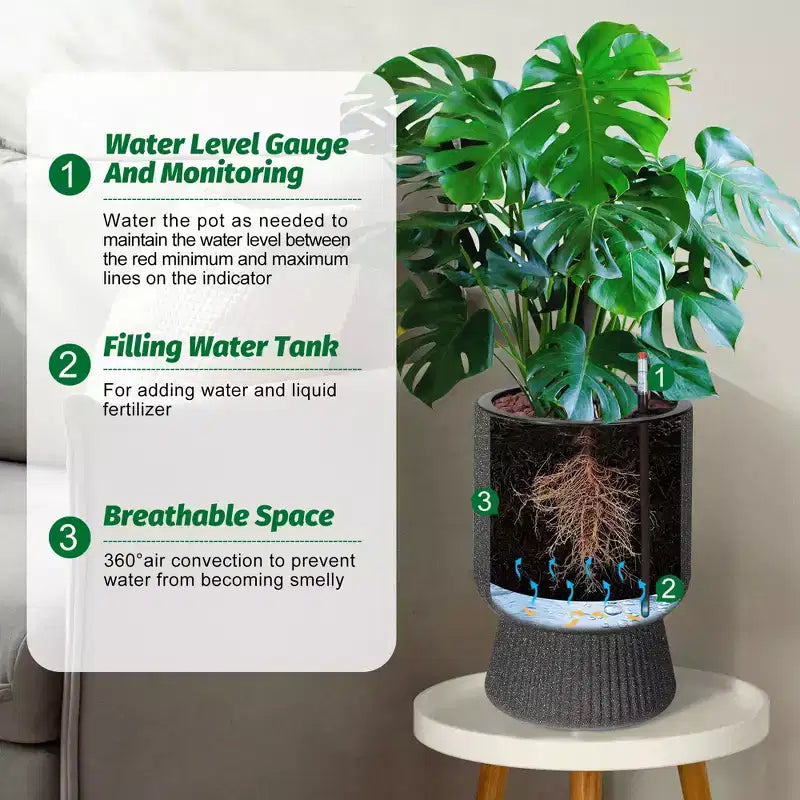 Lot de 2 jardinières hautes de 36 cm, pots de fleurs modernes, pots auto-arrosants avec indicateur de niveau d'eau, pour patio, porche, salon, bureau à domicile