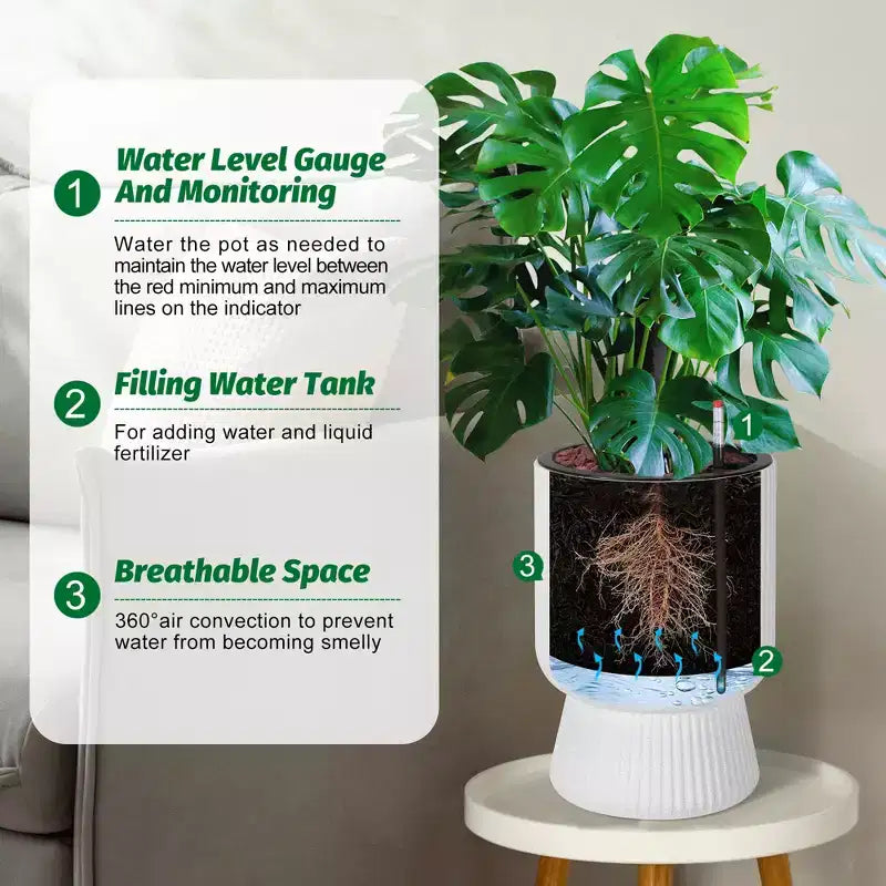 Lot de 2 jardinières hautes de 36 cm, pots de fleurs modernes, pots auto-arrosants avec indicateur de niveau d'eau, pour patio, porche, salon, bureau à domicile