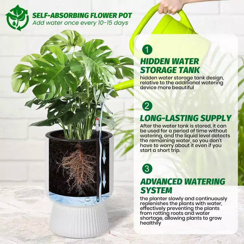 Lot de 2 jardinières hautes de 36 cm, pots de fleurs modernes, pots auto-arrosants avec indicateur de niveau d'eau, pour patio, porche, salon, bureau à domicile