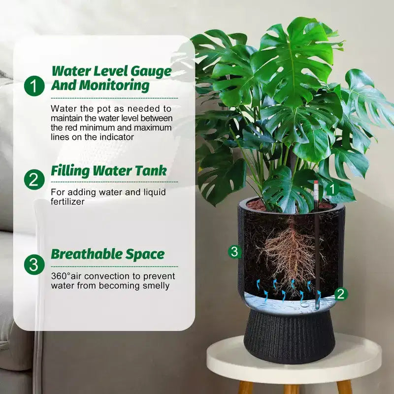 Lot de 2 jardinières hautes de 36 cm, pots de fleurs modernes, pots auto-arrosants avec indicateur de niveau d'eau, pour patio, porche, salon, bureau à domicile
