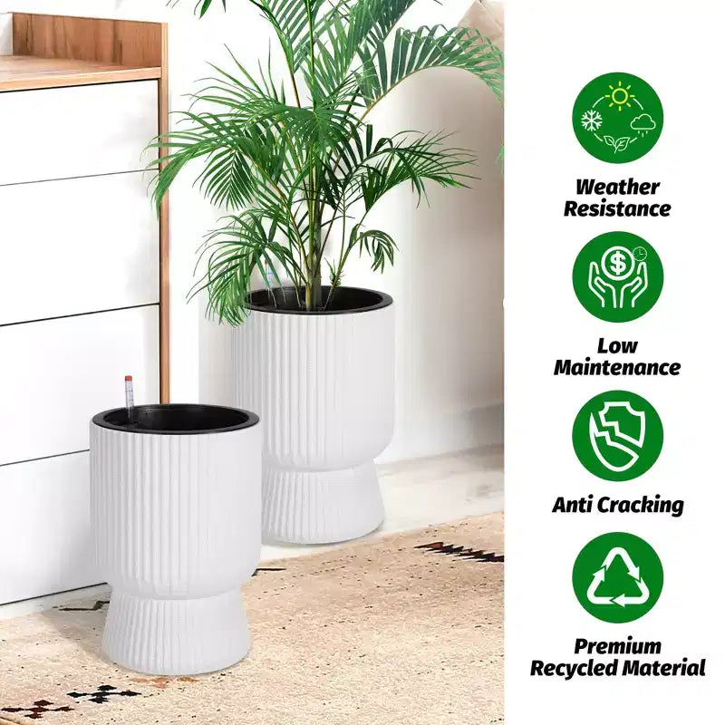 Lot de 2 jardinières hautes de 36 cm, pots de fleurs modernes, pots auto-arrosants avec indicateur de niveau d'eau, pour patio, porche, salon, bureau à domicile