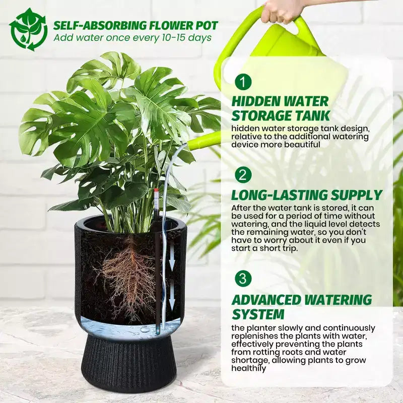 Lot de 2 jardinières hautes de 36 cm, pots de fleurs modernes, pots auto-arrosants avec indicateur de niveau d'eau, pour patio, porche, salon, bureau à domicile