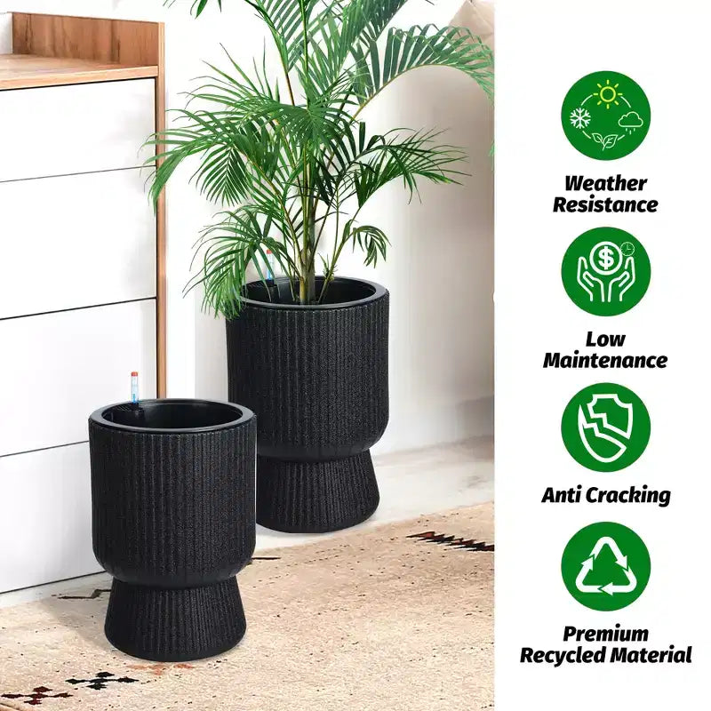 Lot de 2 jardinières hautes de 36 cm, pots de fleurs modernes, pots auto-arrosants avec indicateur de niveau d'eau, pour patio, porche, salon, bureau à domicile