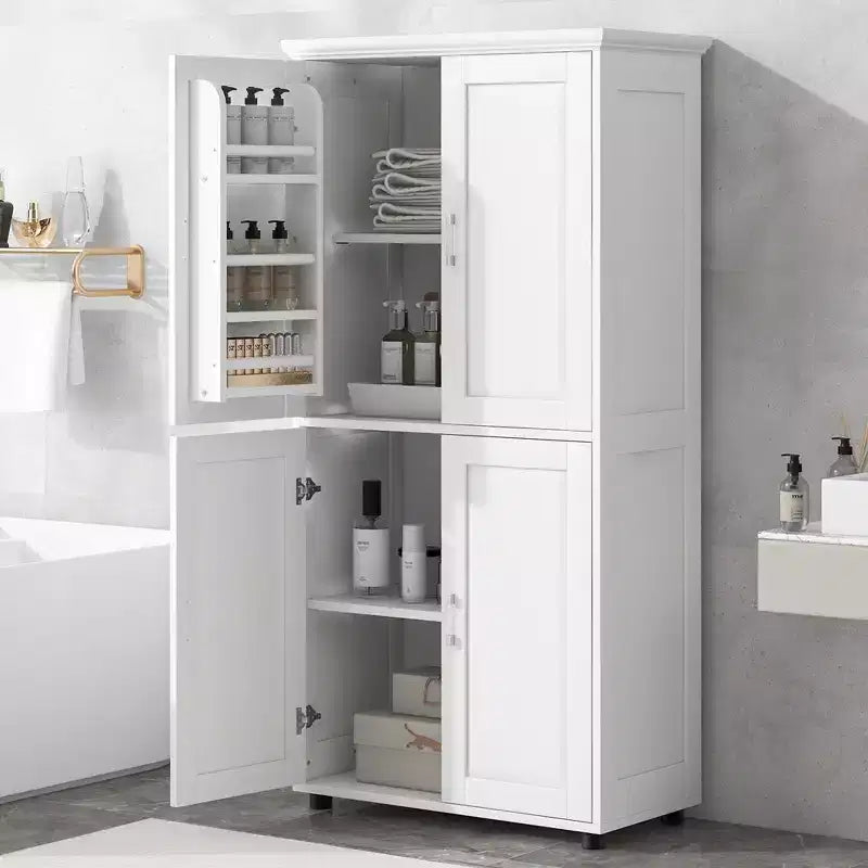 Whisen Armoire de rangement haute et large de style minimaliste, meuble autonome avec 4 portes et étagères réglables pour salle de bain, bureau - Blanc