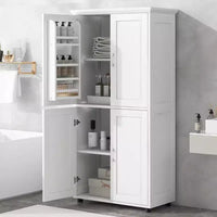 Whisen Armoire de rangement haute et large de style minimaliste, meuble autonome avec 4 portes et étagères réglables pour salle de bain, bureau - Blanc