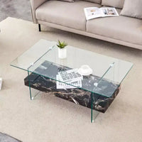 Table basse à deux niveaux - Design moderne, 43,3 po, verre transparent et marbre noir