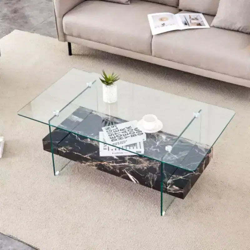 Table basse à deux niveaux - Design moderne, 43,3 po, verre transparent et marbre noir