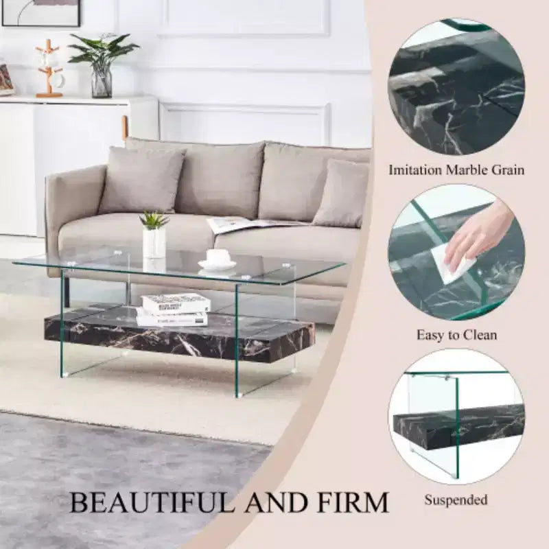 Table basse à deux niveaux - Design moderne, 43,3 po, verre transparent et marbre noir