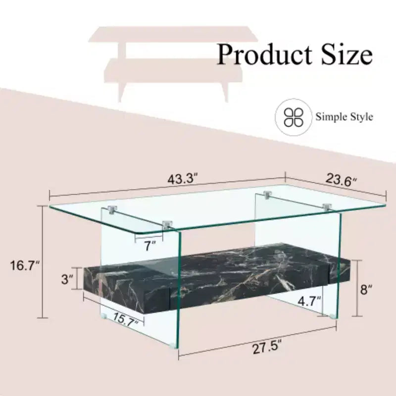 Table basse à deux niveaux - Design moderne, 43,3 po, verre transparent et marbre noir