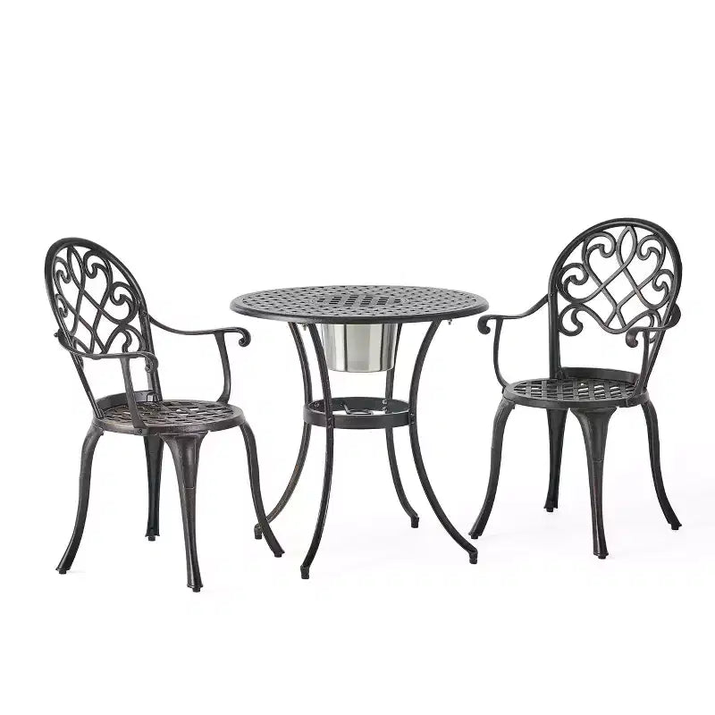 GDFStudio Berthoud Ensemble de bistro 3 pièces d'extérieur en fonte d'aluminium avec seau à glace, cuivre noir