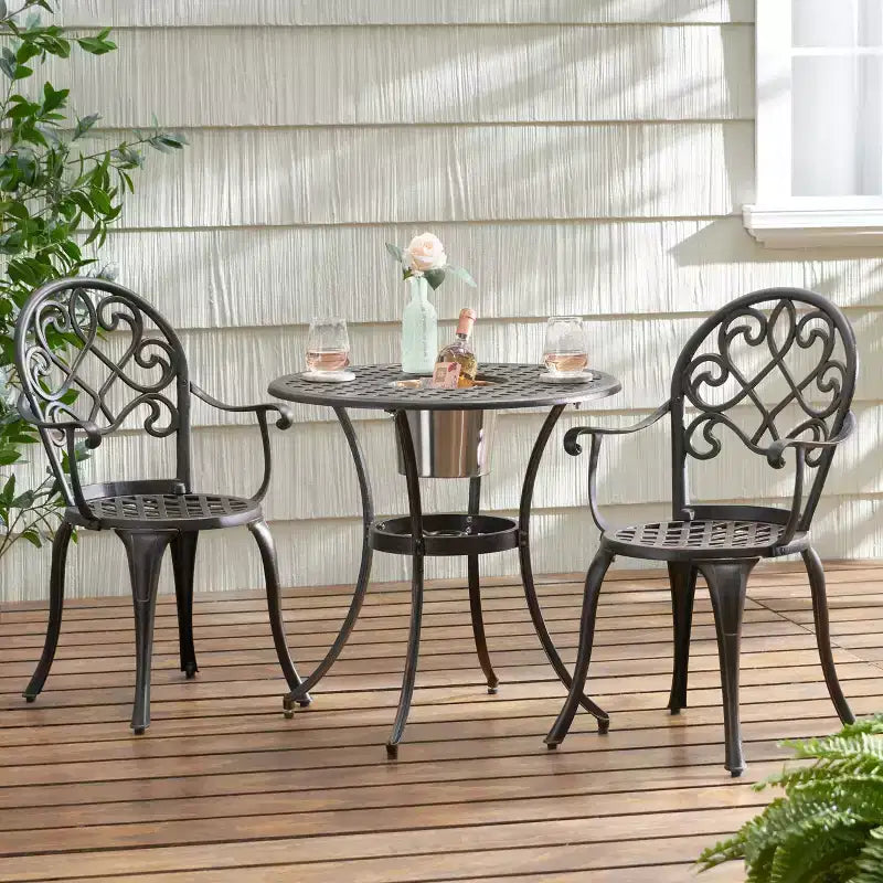 GDFStudio Berthoud Ensemble de bistro 3 pièces d'extérieur en fonte d'aluminium avec seau à glace, cuivre noir