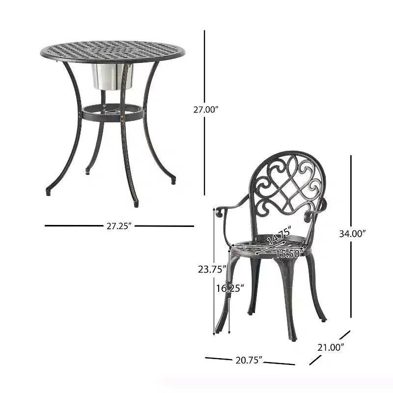 GDFStudio Berthoud Ensemble de bistro 3 pièces d'extérieur en fonte d'aluminium avec seau à glace, cuivre noir