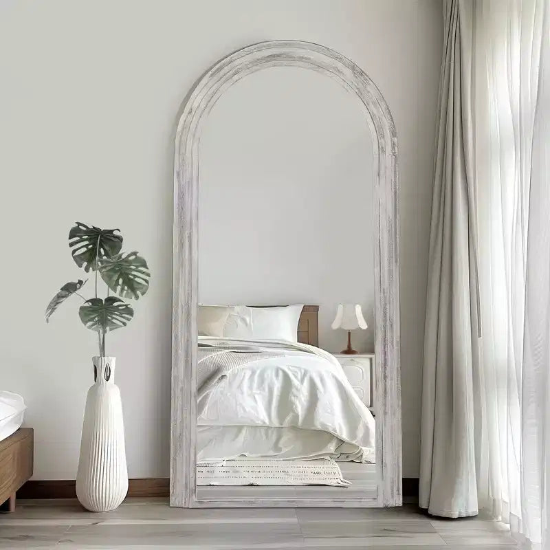 Miroir pleine longueur de style escalier en bois massif avec blocs angulaires et finition blanchie, 180x90x4 cm (sans support)