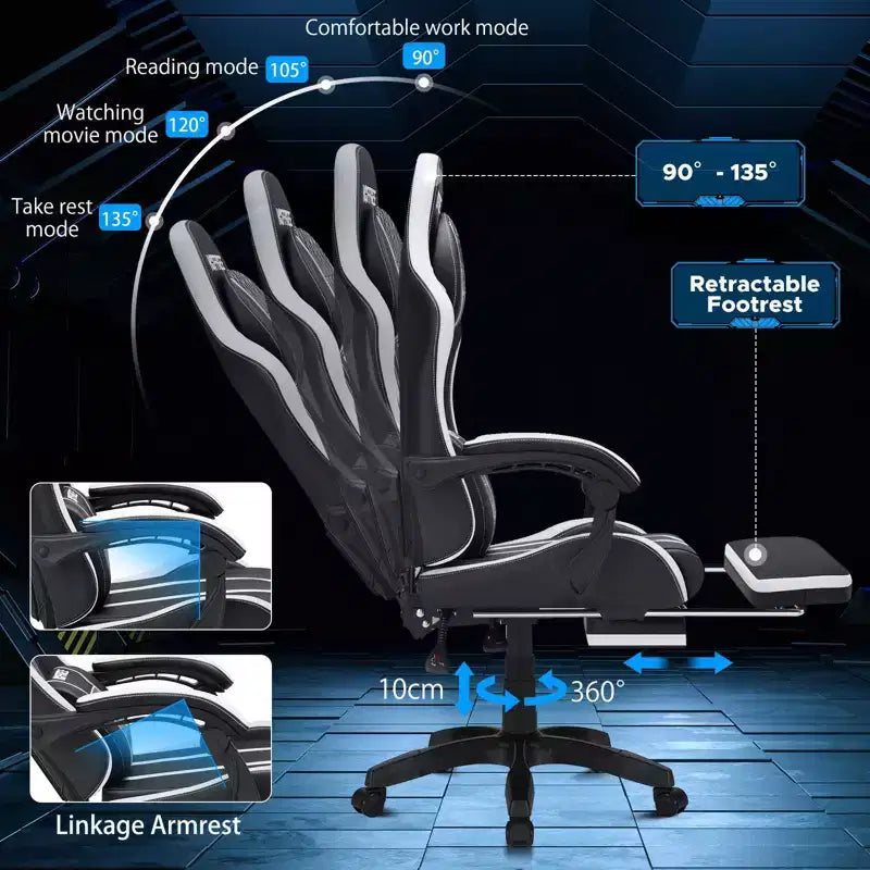 Chaise gaming de massage Hoffree extra-large, chaise de bureau PC ergonomique avec repose-pieds et réglable