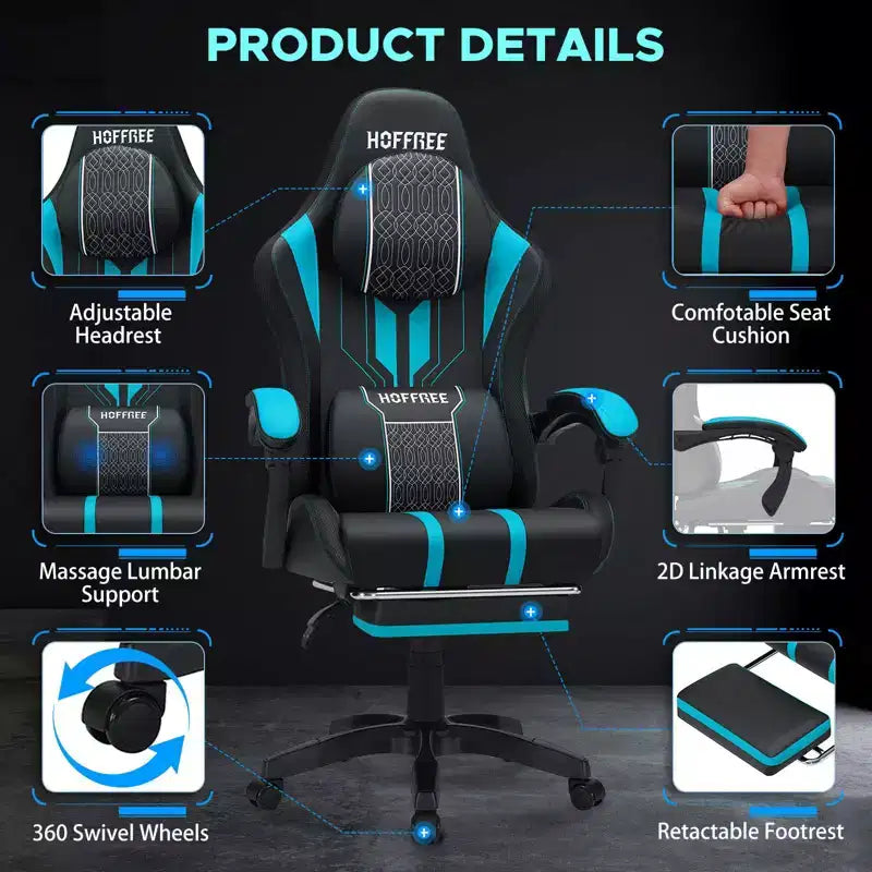Chaise gaming de massage Hoffree extra-large, chaise de bureau PC ergonomique avec repose-pieds et réglable