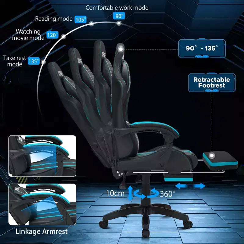 Chaise gaming de massage Hoffree extra-large, chaise de bureau PC ergonomique avec repose-pieds et réglable