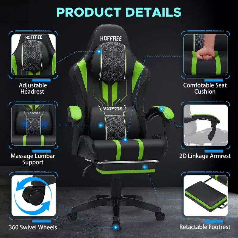 Fauteuil de massage et de jeu extra-large Hoffree, Fauteuil de bureau ergonomique pour PC avec repose-pieds et réglable