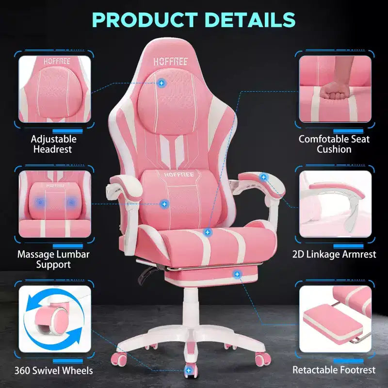 Chaise gaming de massage Hoffree extra-large, chaise de bureau PC ergonomique avec repose-pieds et réglable
