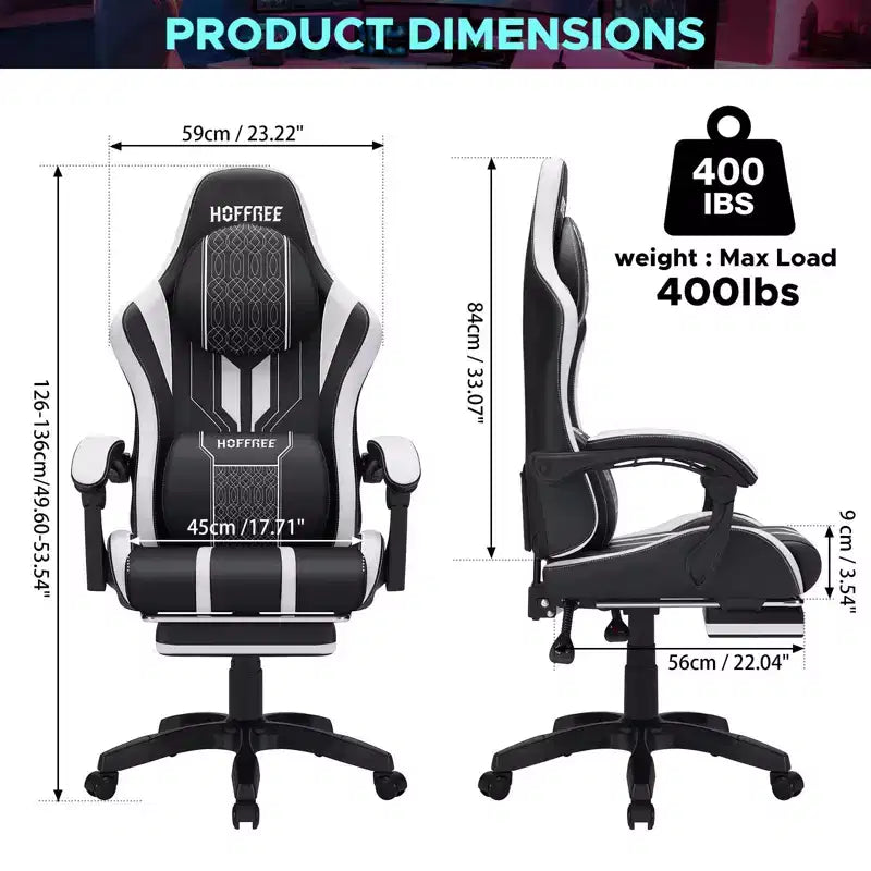 Chaise gaming de massage Hoffree extra-large, chaise de bureau PC ergonomique avec repose-pieds et réglable
