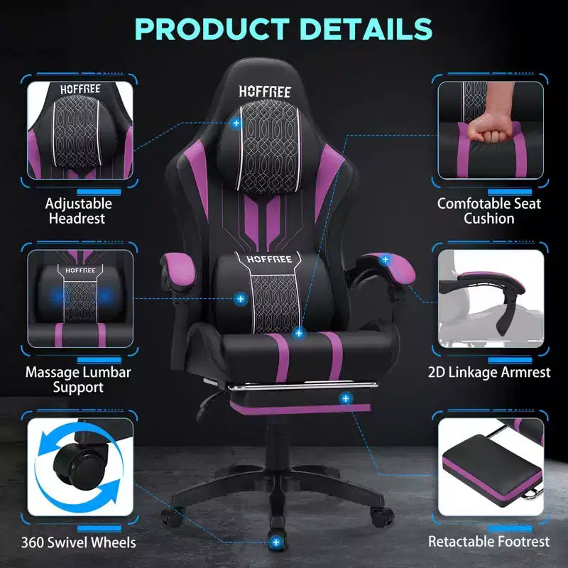 Chaise gaming de massage Hoffree extra-large, chaise de bureau PC ergonomique avec repose-pieds et réglable
