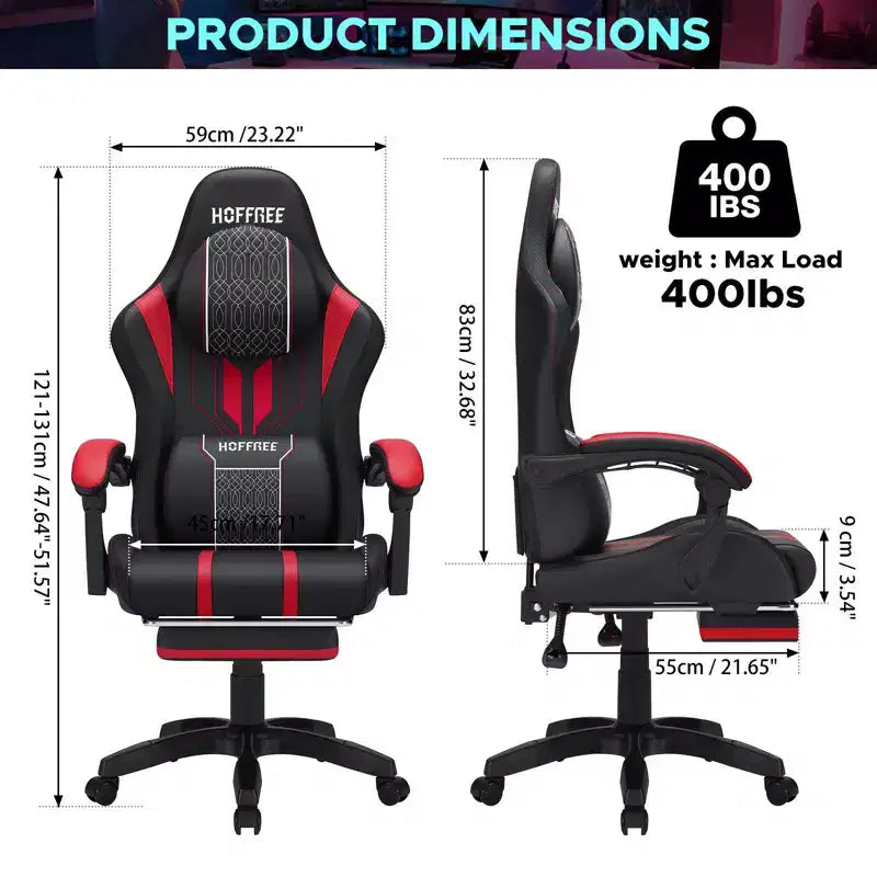 Chaise gaming de massage Hoffree extra-large, chaise de bureau PC ergonomique avec repose-pieds et réglable