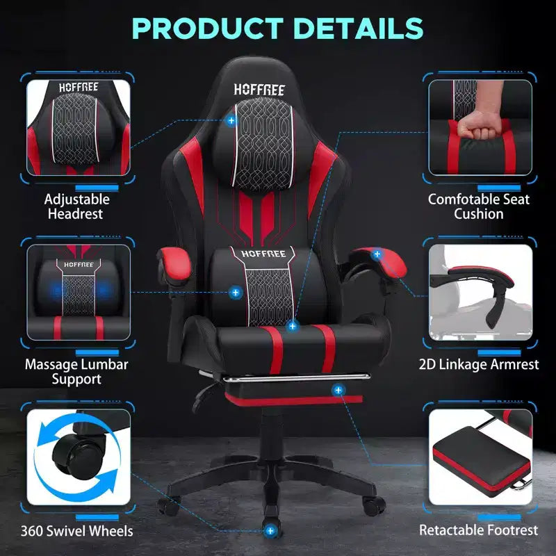 Chaise gaming de massage Hoffree extra-large, chaise de bureau PC ergonomique avec repose-pieds et réglable