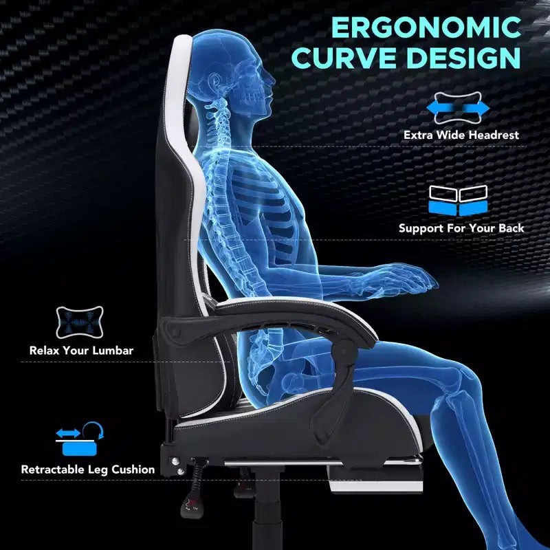 Chaise gaming de massage Hoffree extra-large, chaise de bureau PC ergonomique avec repose-pieds et réglable
