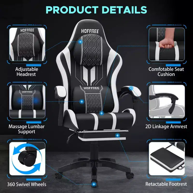 Chaise gaming de massage Hoffree extra-large, chaise de bureau PC ergonomique avec repose-pieds et réglable