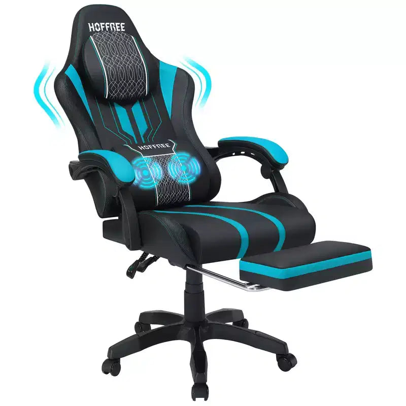 Chaise gaming de massage Hoffree extra-large, chaise de bureau PC ergonomique avec repose-pieds et réglable