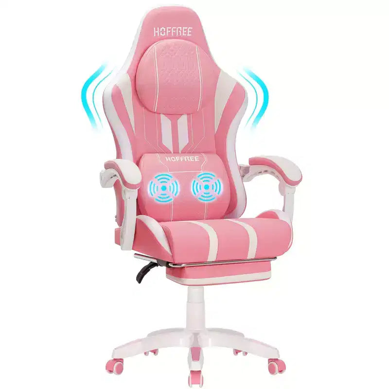 Chaise gaming de massage Hoffree extra-large, chaise de bureau PC ergonomique avec repose-pieds et réglable
