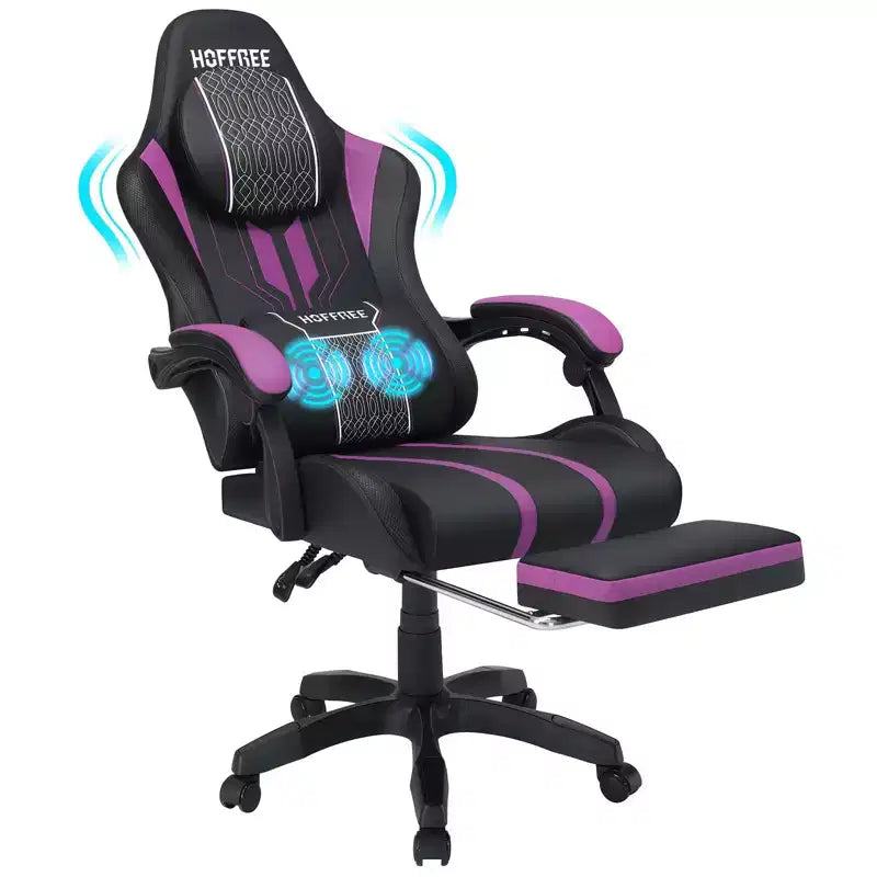 Chaise gaming de massage Hoffree extra-large, chaise de bureau PC ergonomique avec repose-pieds et réglable