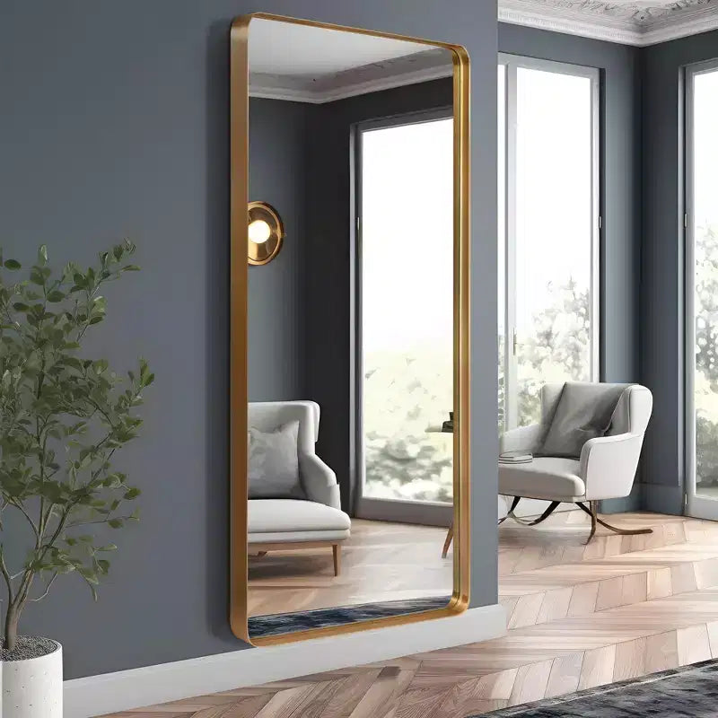 Miroir psyché rectangulaire arrondi en alliage d'aluminium électroplaqué imitation, 180cm x 80cm x 5cm (Miroir profond - Sans support)