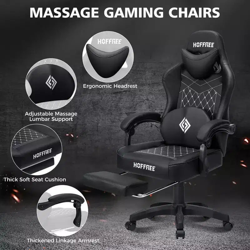 Fauteuil de jeu de massage en cuir Hoffree, chaise de bureau ergonomique pour PC avec repose-pieds et réglable