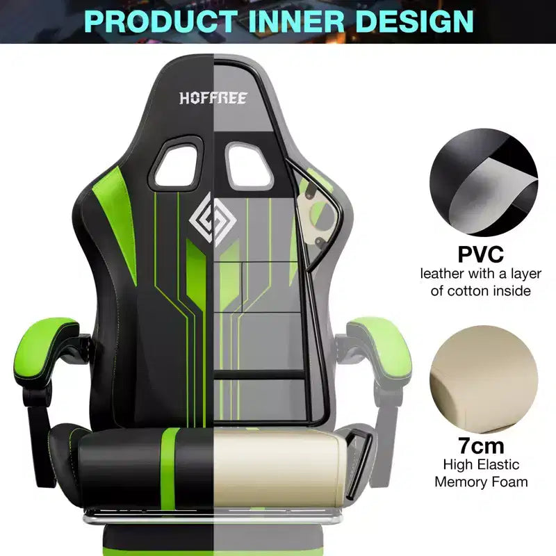 Chaise de jeu massante extra large Hoffree, chaise de bureau PC ergonomique avec haut-parleur Bluetooth et lumière RVB