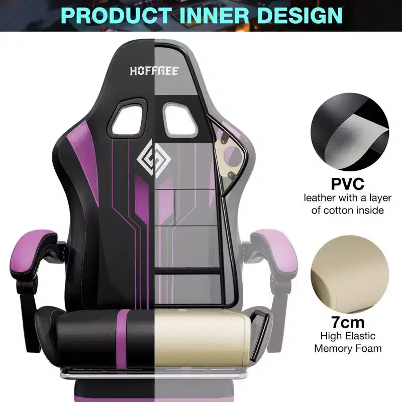 Chaise de jeu massante extra large Hoffree, chaise de bureau PC ergonomique avec haut-parleur Bluetooth et lumière RVB