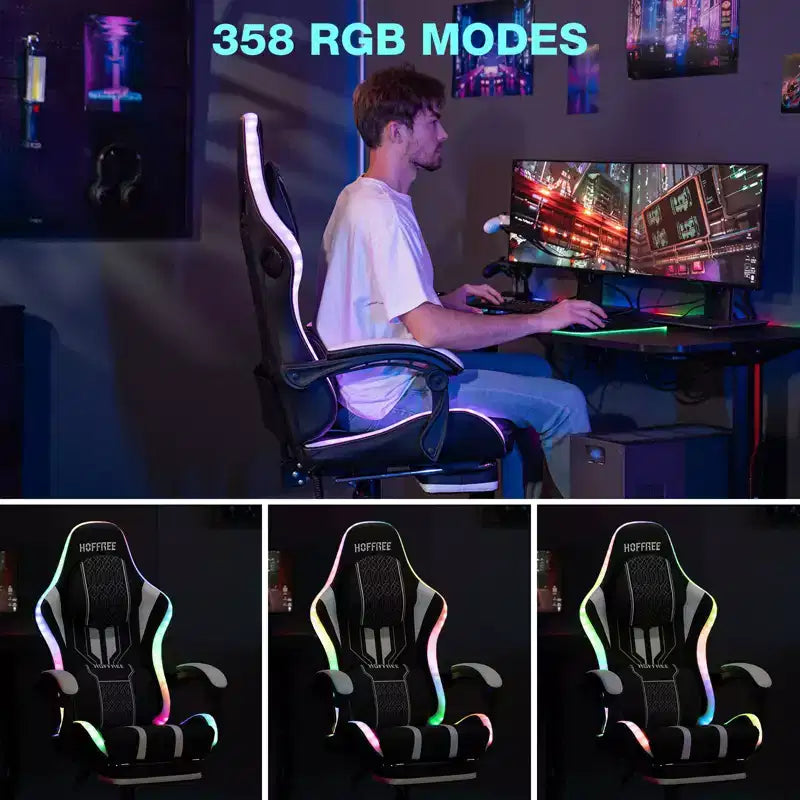 Chaise de jeu massante extra large Hoffree, chaise de bureau PC ergonomique avec haut-parleur Bluetooth et lumière RVB