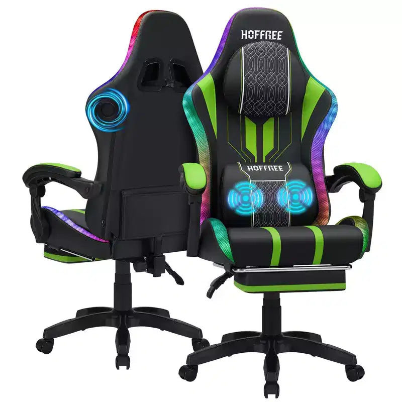 Chaise de jeu massante extra large Hoffree, chaise de bureau PC ergonomique avec haut-parleur Bluetooth et lumière RVB