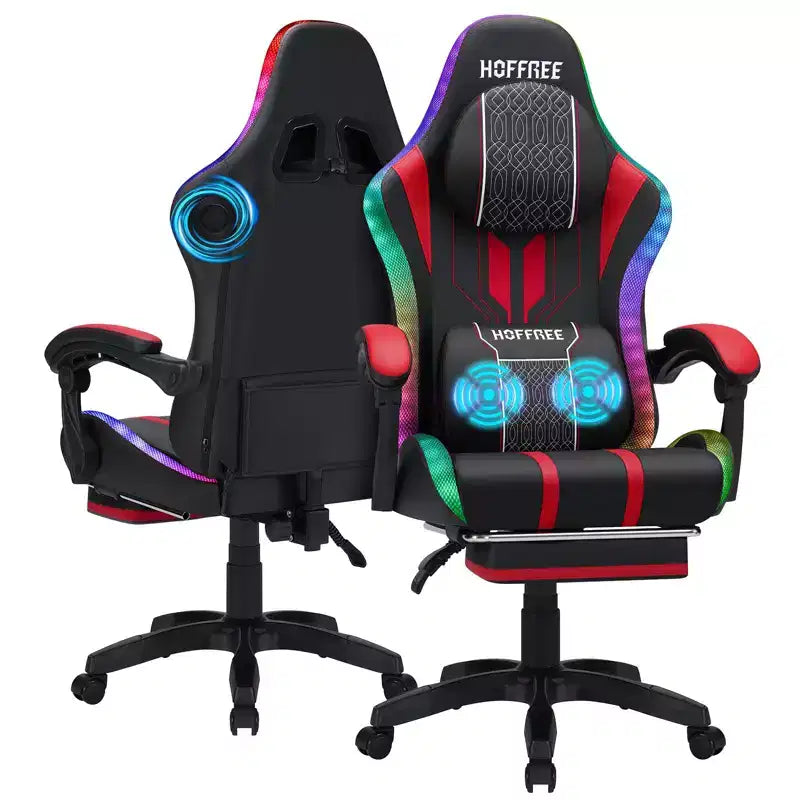 Chaise de jeu massante extra large Hoffree, chaise de bureau PC ergonomique avec haut-parleur Bluetooth et lumière RVB