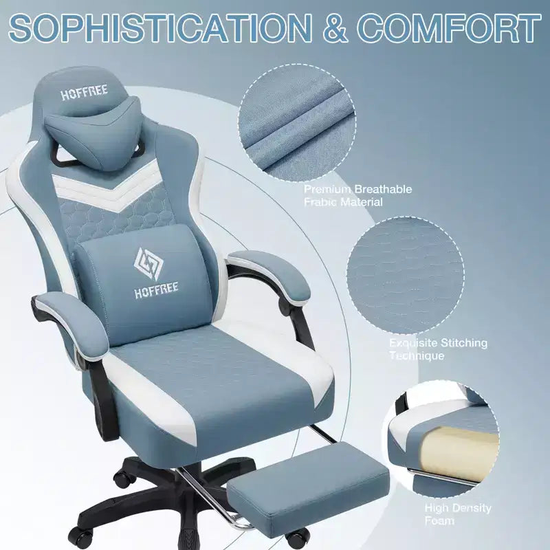 Chaise de jeu massante Hoffree en tissu respirant Chaise de bureau PC ergonomique avec repose-pieds et réglable